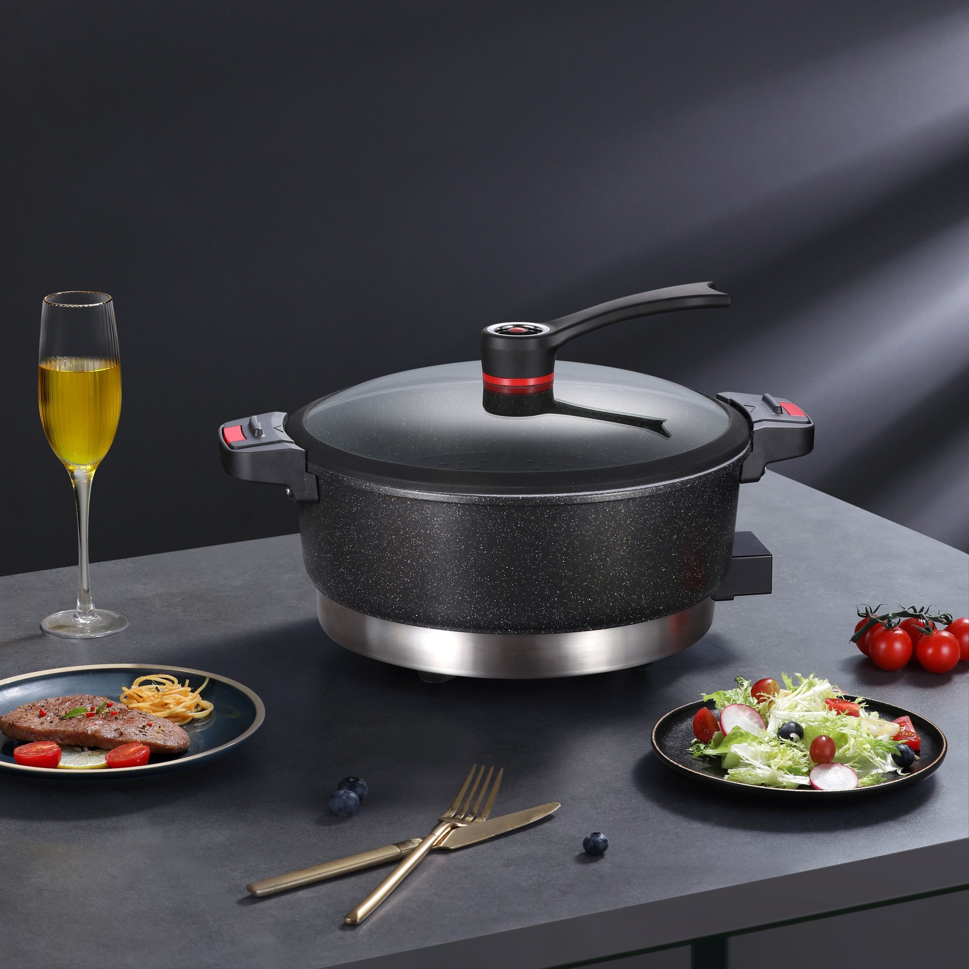 多功能不粘电炒锅家用电锅麦饭石蒸炒一体锅大容量星箭7.5l微压锅