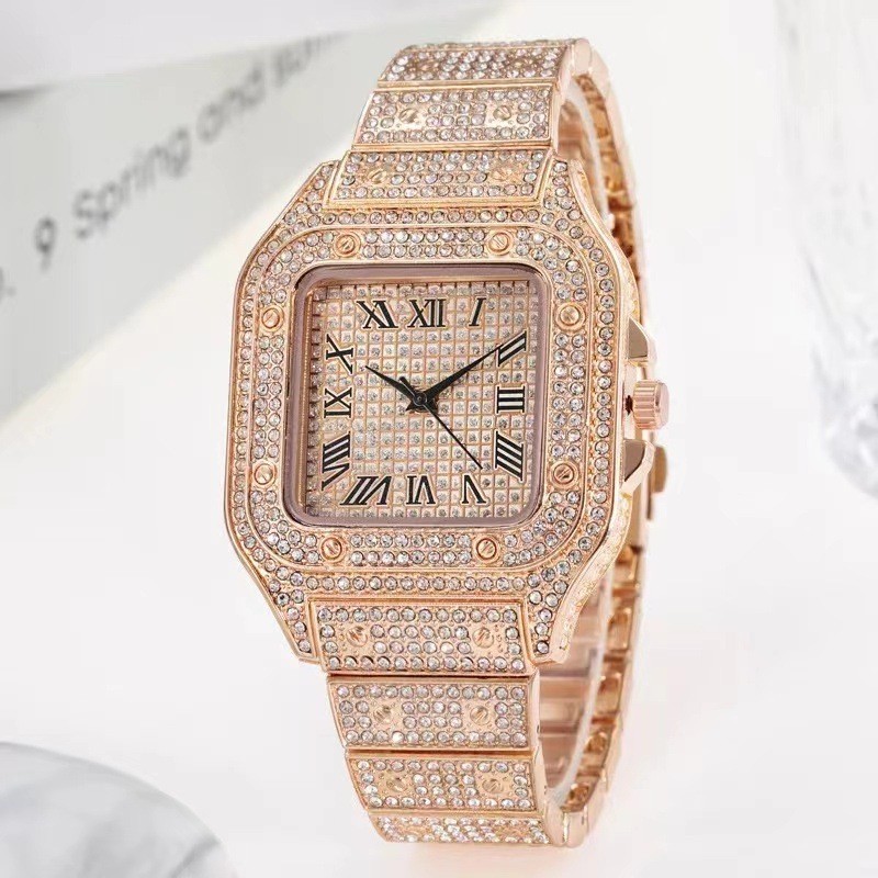 Cross-Border Square Watch Starry Steel Belt Diamond-Embedded European and American Men's Roman Scale Starry Fashion Quartz Watch