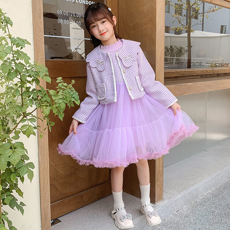 跨境代发秋冬新款女童小香风套装公主裙中大童外套网纱裙两件套裙