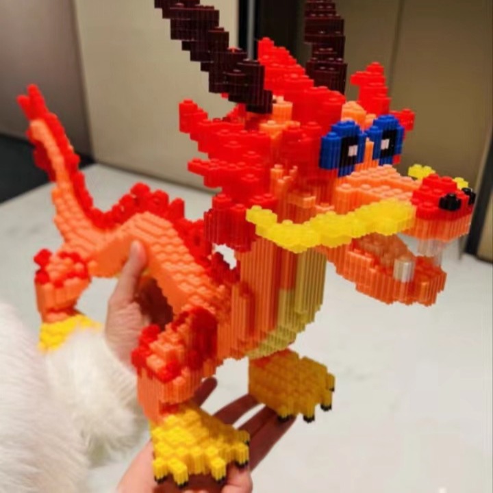 新款跨境龙年生肖中国龙拼装小颗粒积木兼容乐高玩具男女积木摆件