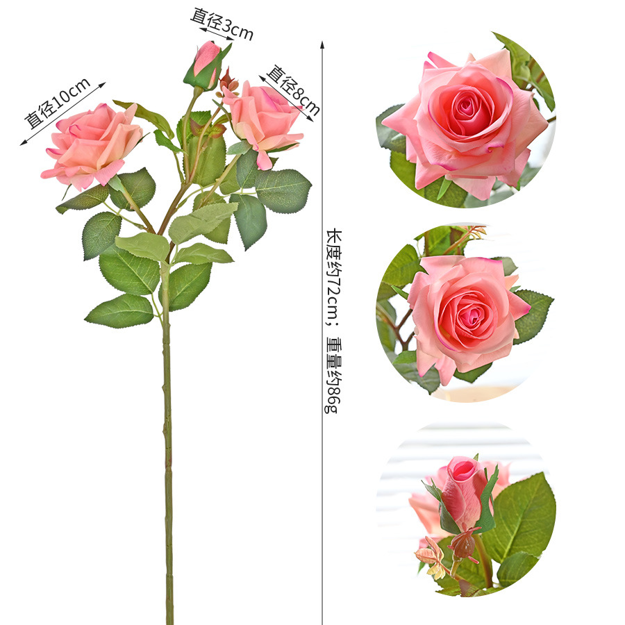 High-End Entry Lux Three Heads Moist Feeling Aromatic Emulational Rose Flower Living Room Home Decorations Wedding Festival Props