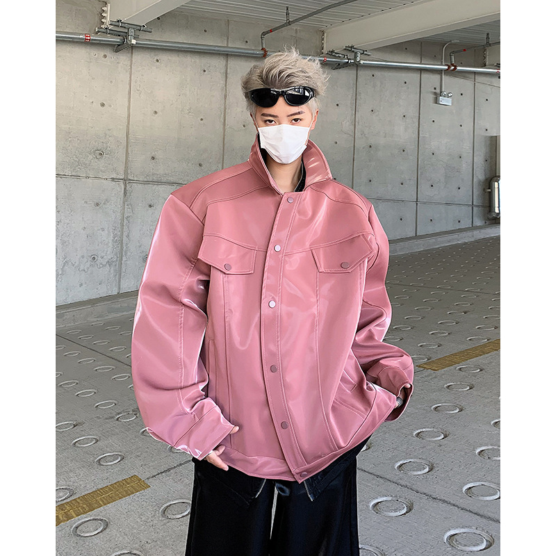 春季漆皮垫肩弯刀小众设计感皮夹男潮牌轻奢感皮衣高领外套-阿里巴巴