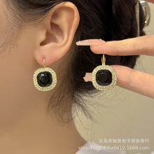 S925银针韩国四方黑色水晶气质轻奢小众时尚简约高级设计感耳扣