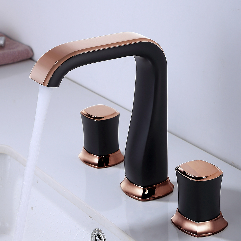 源头厂家黑 玫瑰金分体式面盆水龙头 铬色全铜加高双手轮三孔浴缸