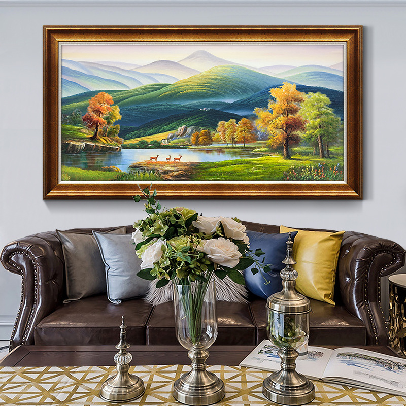 欧式手绘风景油画客厅沙发巨人山水美式装饰画聚宝盆背景墙别墅画