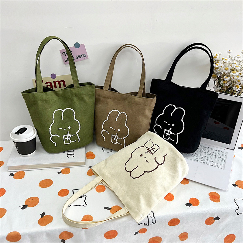 2023 New Canvas Handbag Trendy Simple Women's Bag Korean Cute Student Lunch Box Bento Embroidered Bucket Bag