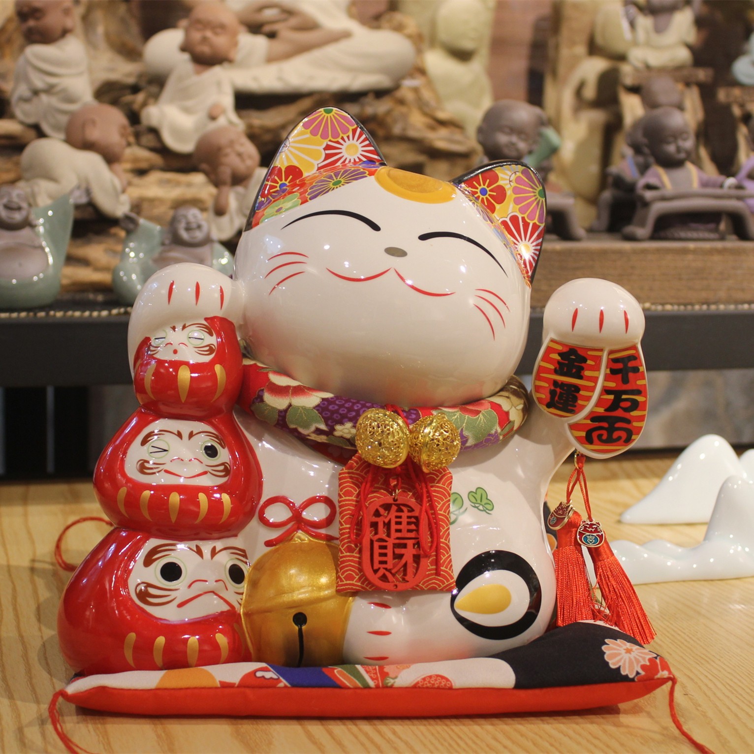 乐陶原创9寸陶瓷工艺品招财达摩摆件家居开业存钱罐创意款招财猫