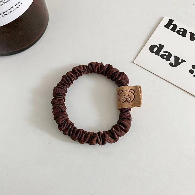 Korean Dongdaemun New Autumn and Winter Ice Silk Pleated High Elastic Base Rubber Band Cute Bear Labeling Leather Cover Hair Band