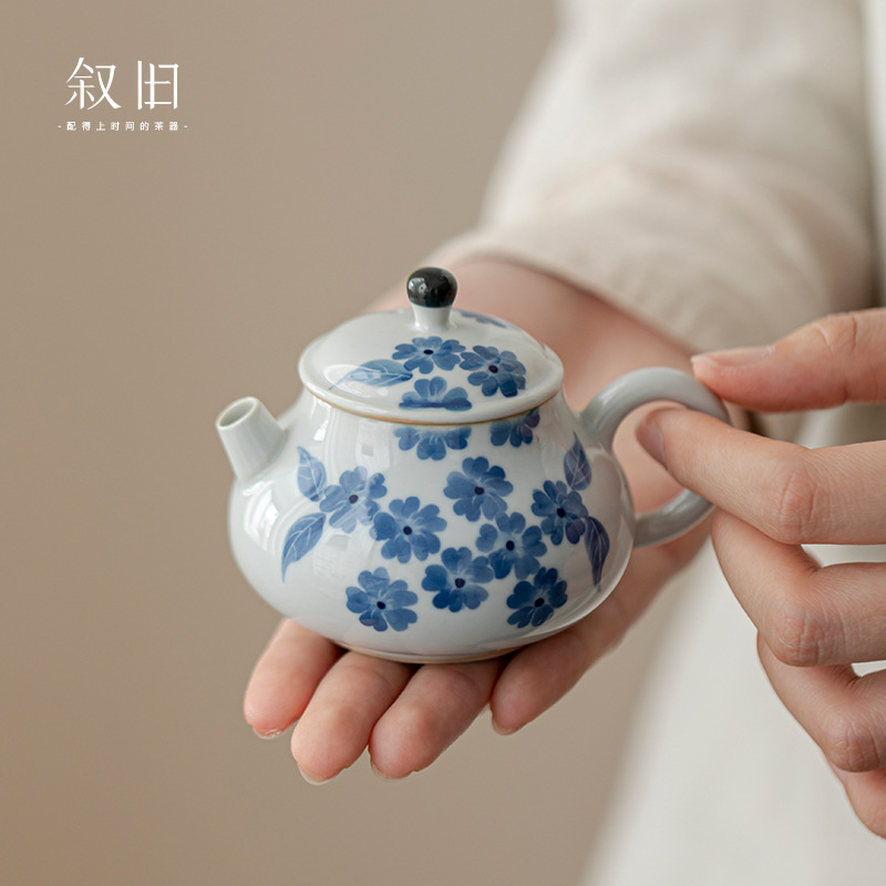 叙旧 手绘海棠青花陶瓷茶壶单壶泡茶器家用带过滤功夫茶具不烫手