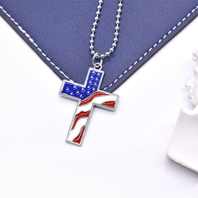跨境美国国旗吊坠嘻哈潮流项链 独立日饰品红白蓝十字架项链批发