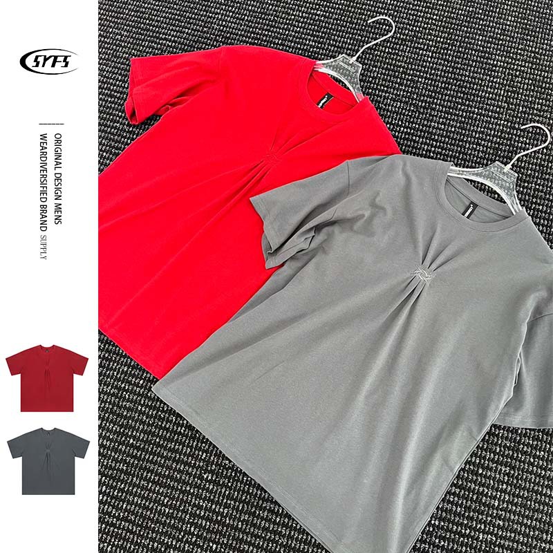 山元服饰24夏季新款美式复古褶皱刺绣纯棉圆领短袖宽松