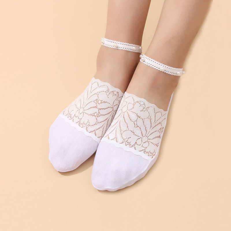 新款热卖春夏薄款蕾丝珍珠女短袜深口花边棉女船袜抖音同款短袜子