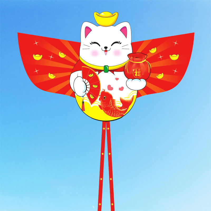 招财猫风筝新款卡通儿童风筝动物好运元宝长尾微风好飞中小批发
