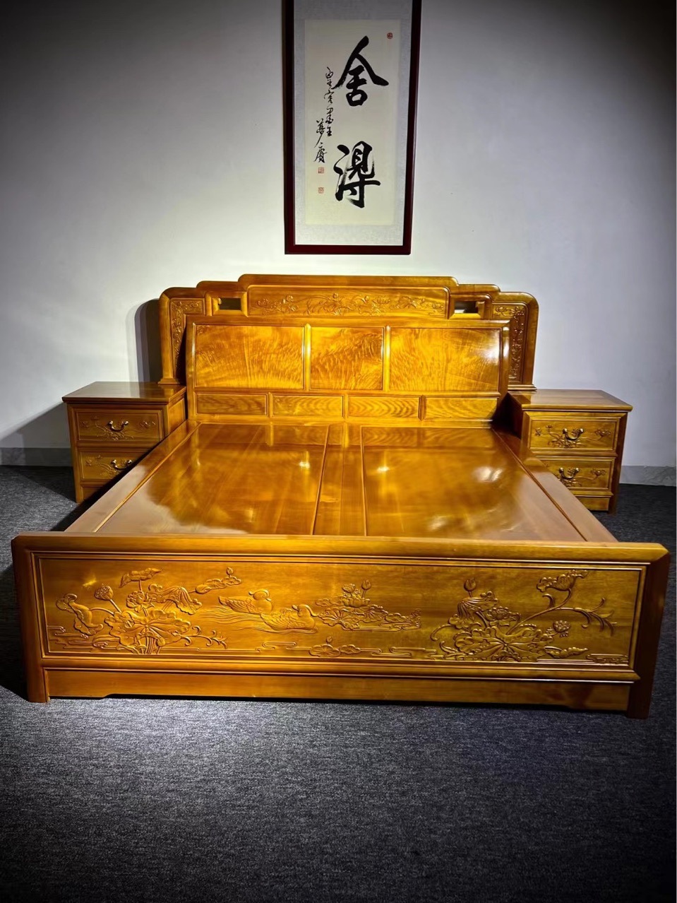 雕刻金丝楠木床铺小叶桢楠古典中式框架结构高低床双人床实木床