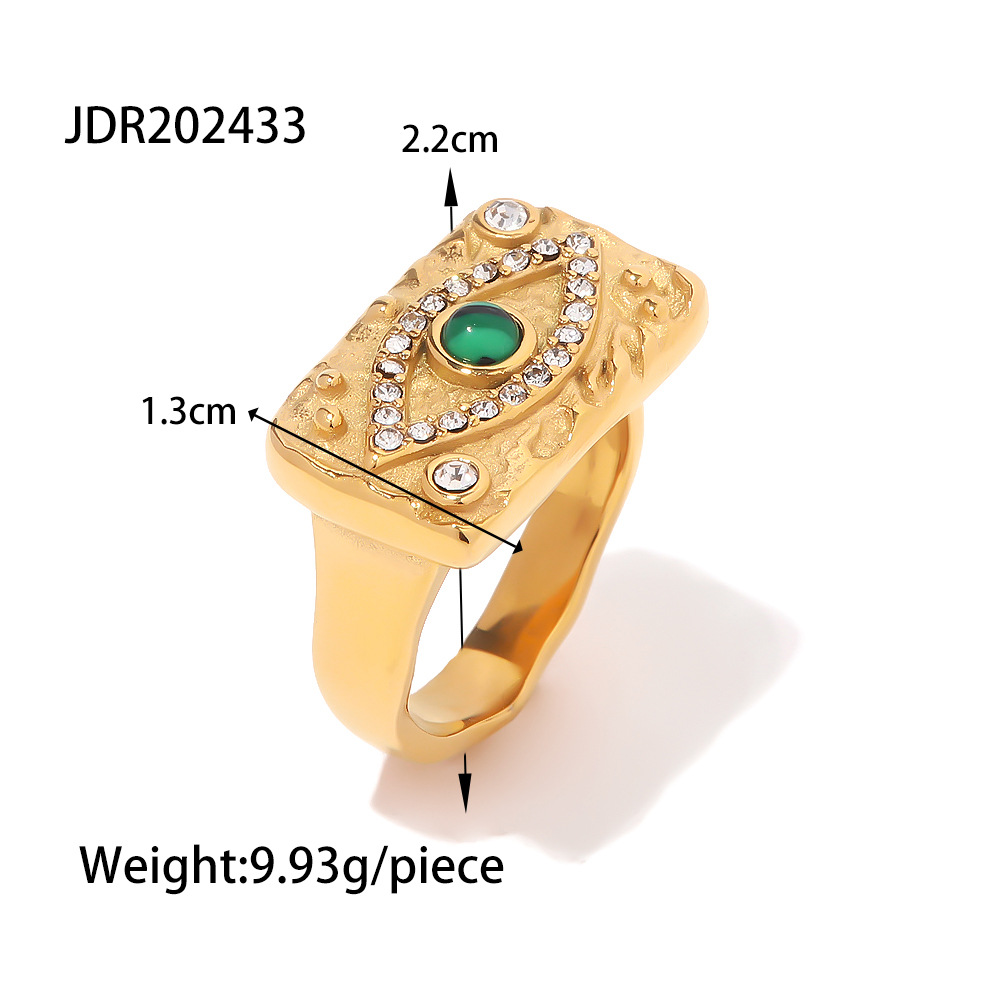 INS French Style Female 18K Gold-Plated Inlaid Zircon Green Malachite Lava Square Devil's Eye Square Plate Ring