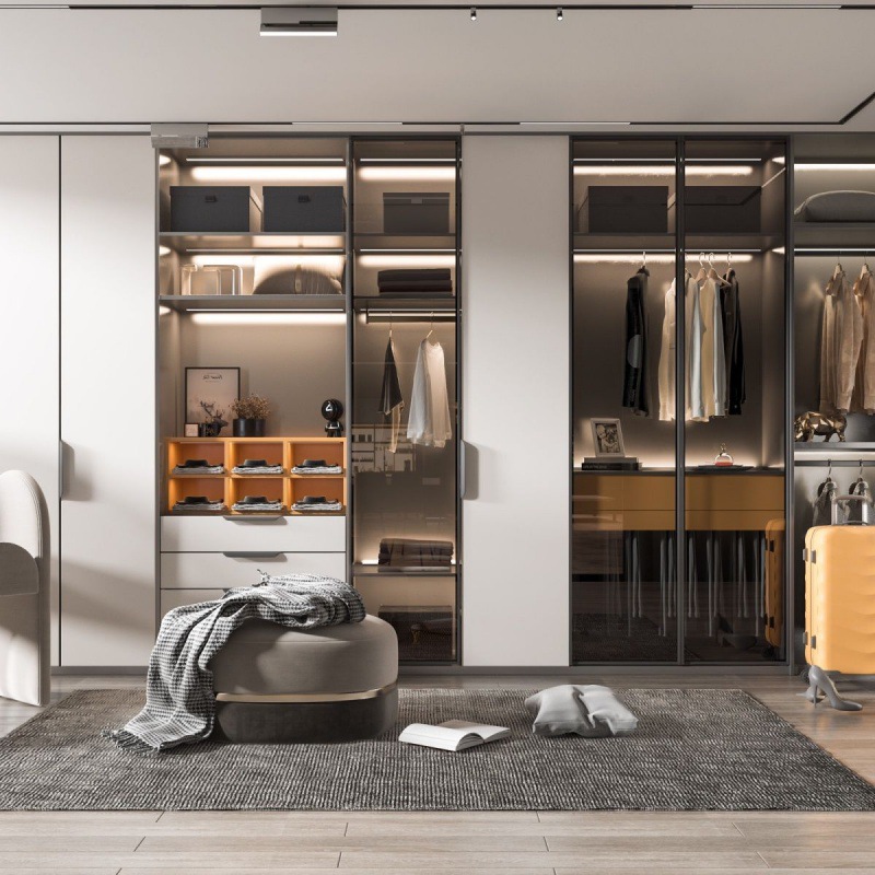 全铝轻奢玻璃门衣柜简约现代衣帽间柜子家用卧室型转角衣橱