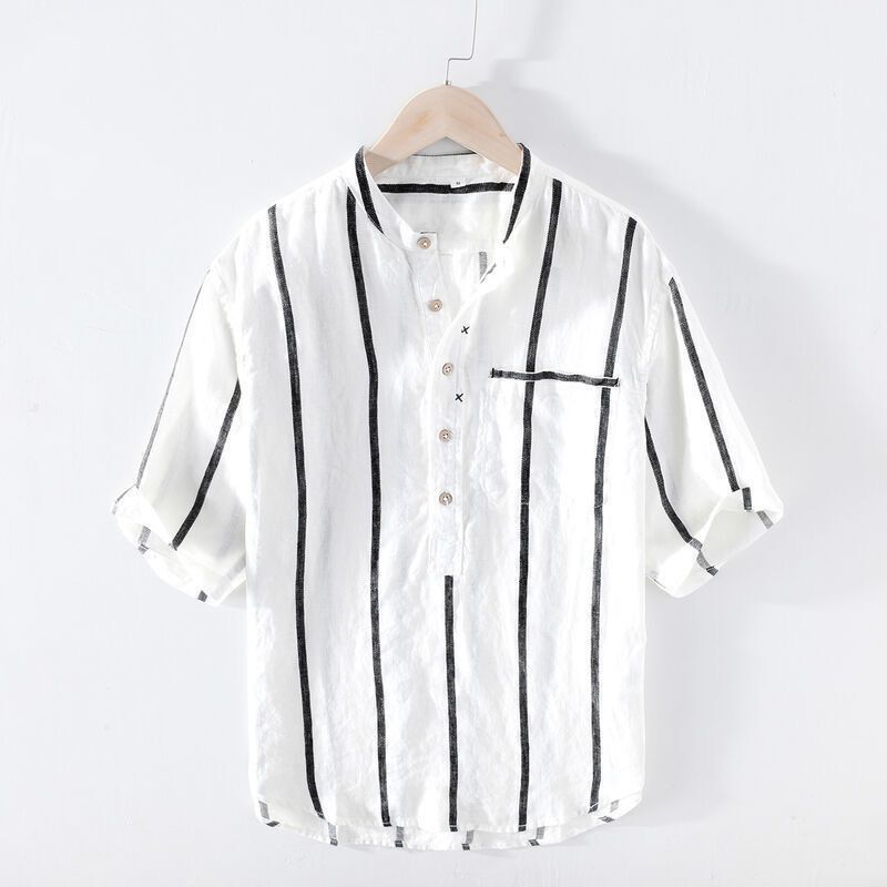 夏季黑白条纹立领套头日系短袖衬衫男潮流宽松薄款t恤潮流衬衣男