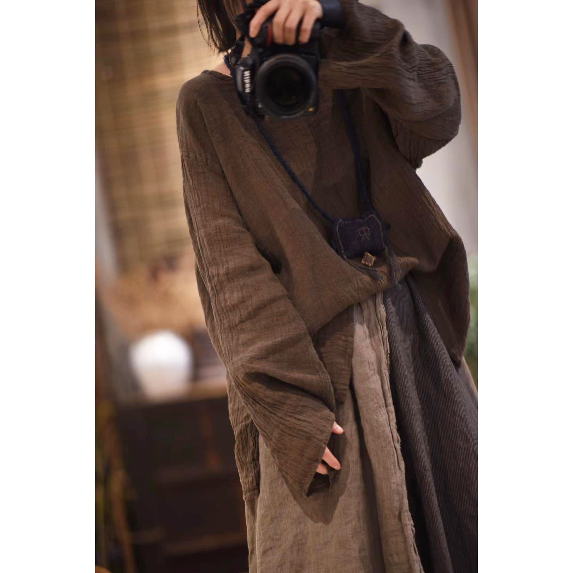 22/2 木言 春季肌理亚麻文艺休闲套头落肩宽松长袖麻衫