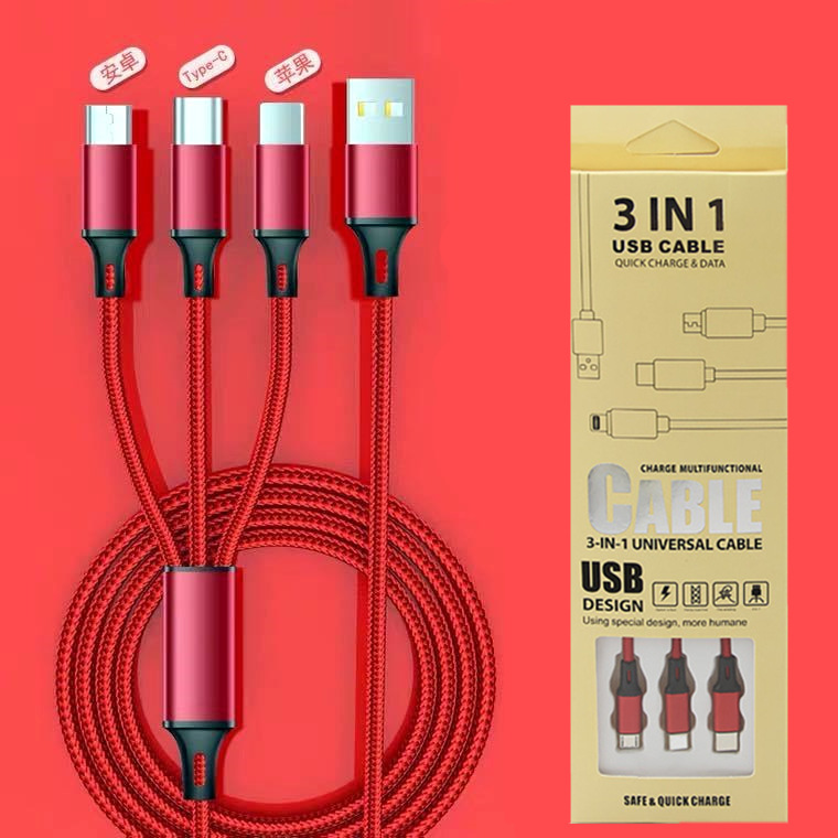 factory wholesale one-to-three mobile phone data cable suitable for apple android type-c three-in-one braided charging cable