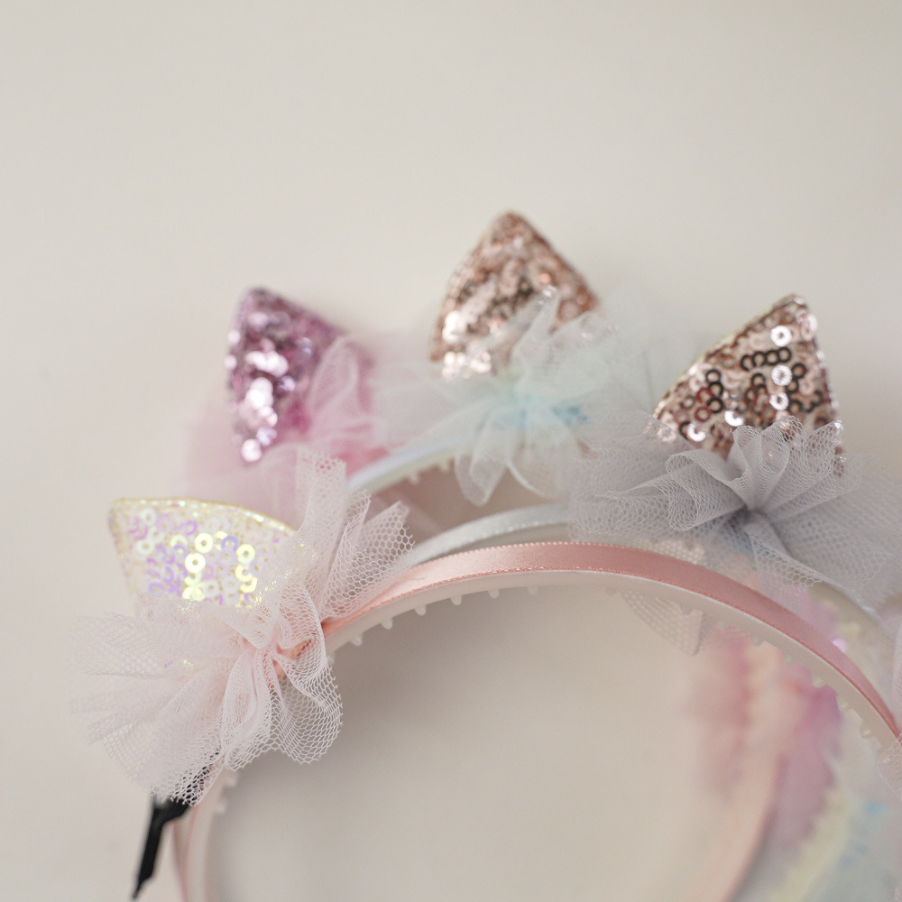 韩国亮片猫耳朵儿童发箍新款网纱小女孩头箍可爱小猫女童头扣发饰