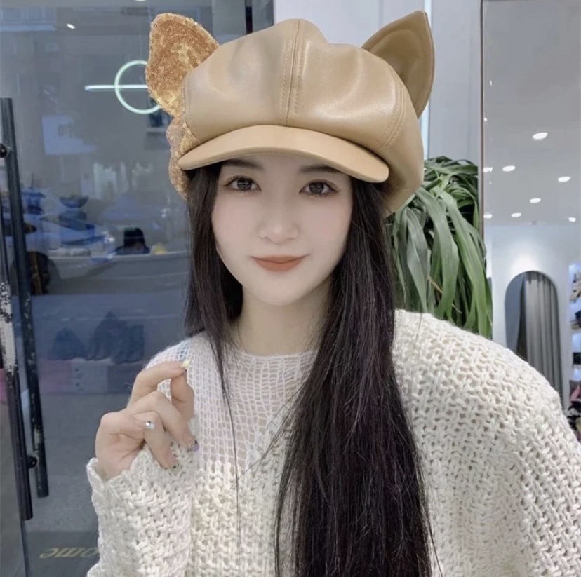 Korean Style Color-Blocking Sequin Rabbit Ears Octagonal Cap Female Sweet Cloud Large Version Newsboy Cap Cute Painter Cap Fashion