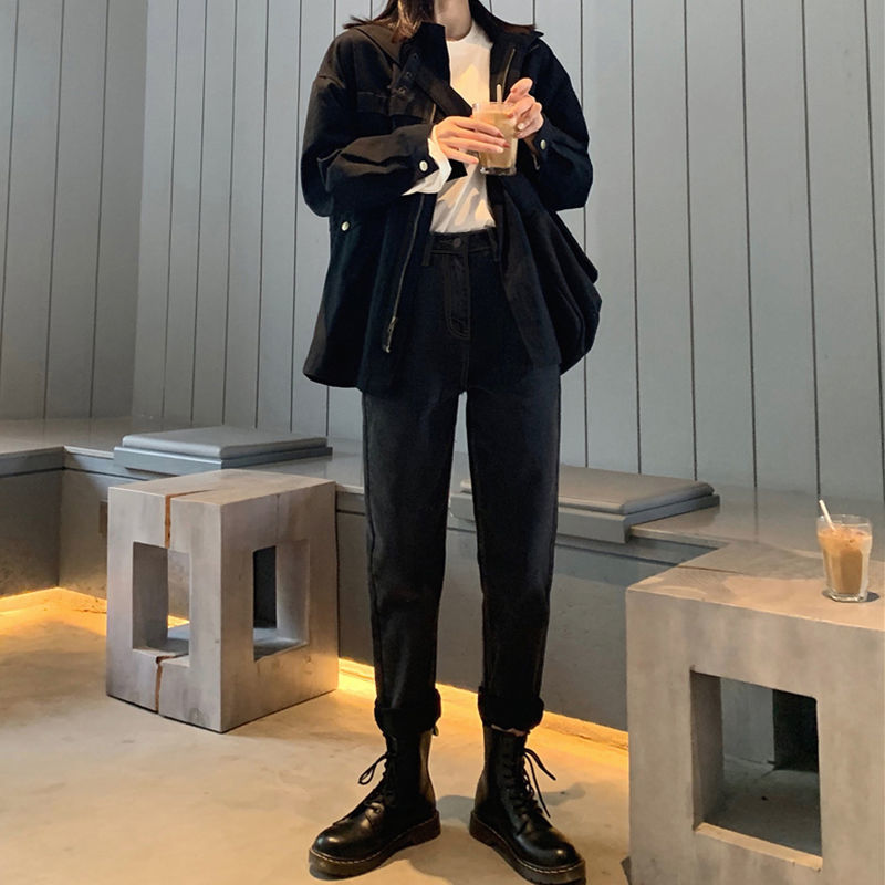 梨形身材秋季新款高腰显瘦宽松大码烟管裤搭配马丁靴牛仔老爹裤女