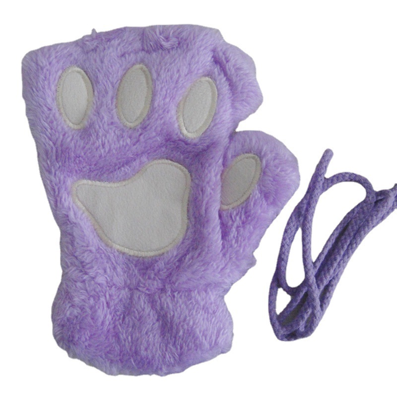 Winter Cute Cartoon Cat Girl Open Finger Cat's Paw Warm Gloves Thickened Fluff Hand-Shaped Brush Half Finger Gloves