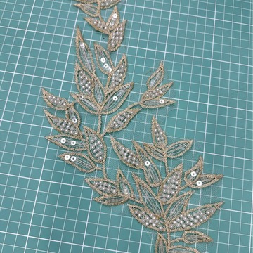 现货叶子钉珠刺绣贴金色绣片亮片珍珠花贴婚纱汉服装饰品辅料服饰