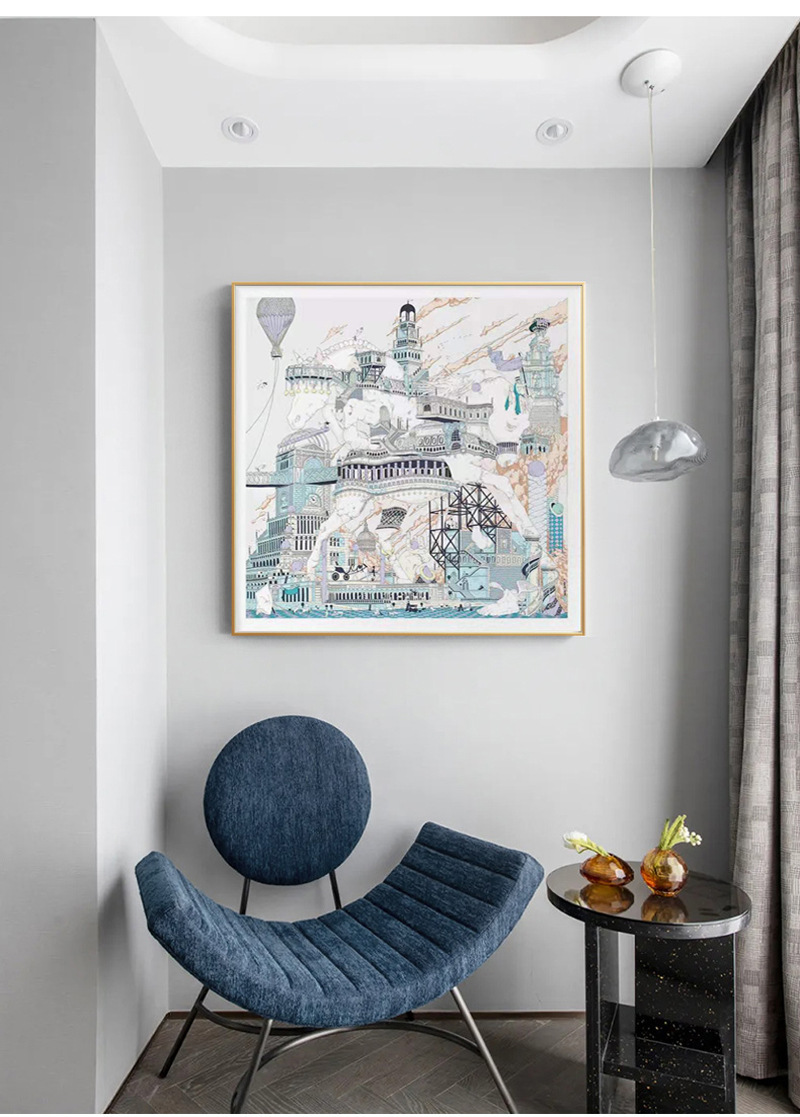 轻奢餐厅客厅爱马仕丝巾素描建筑城市装饰画卧室床头壁画玄关挂画