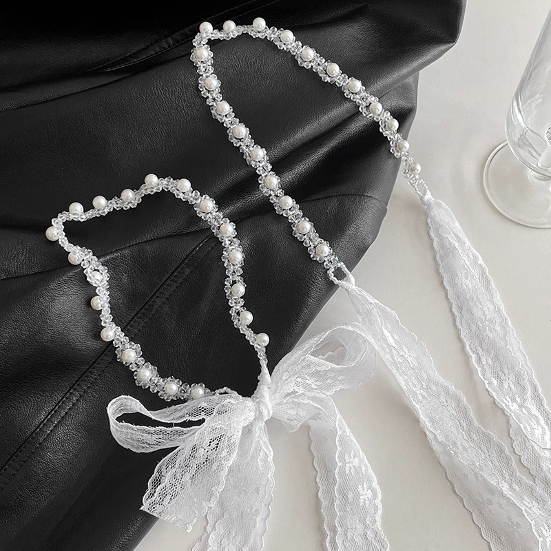 法式蕾丝珍珠飘带发箍女2024新款超仙绑发发带森系编发神器头饰