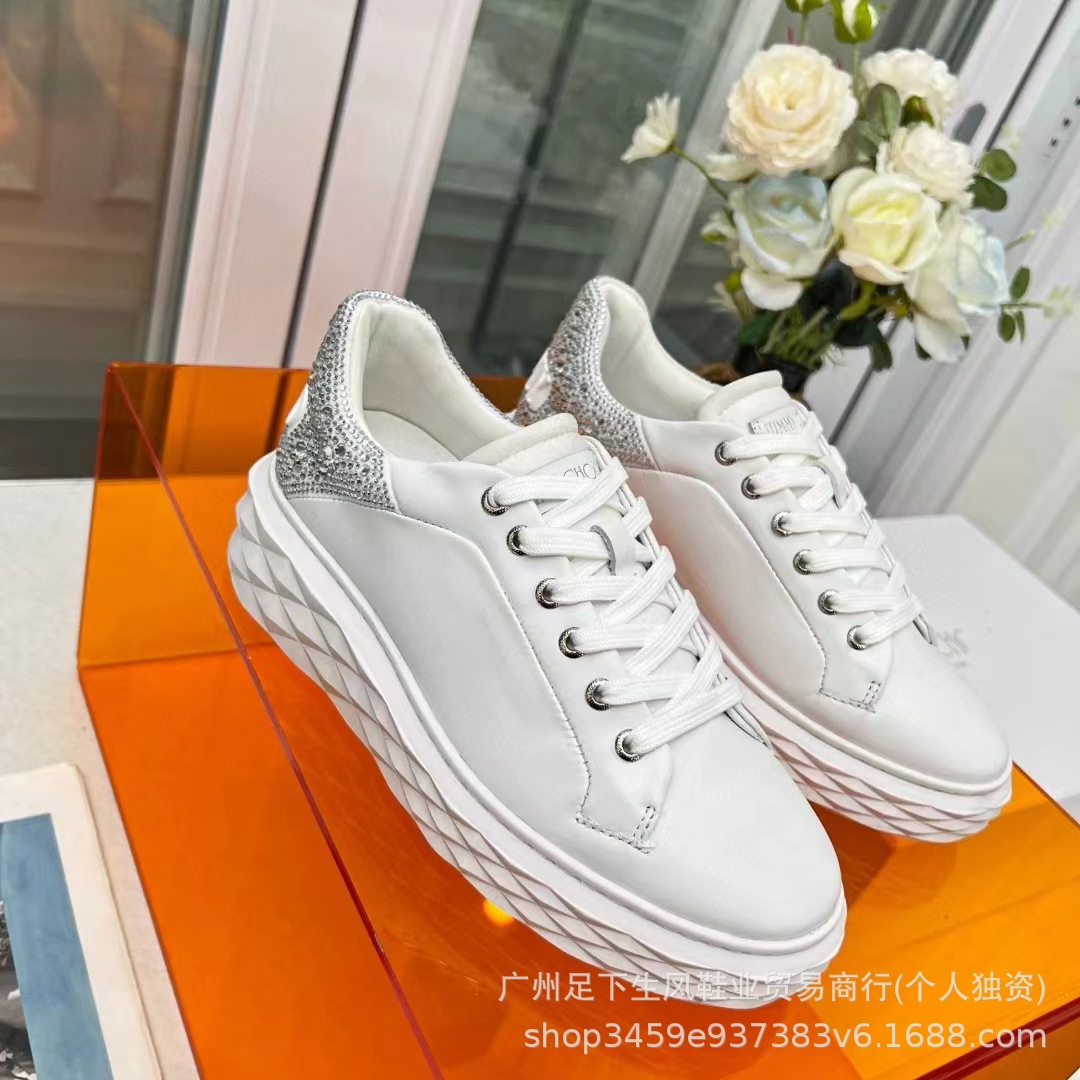 高定外贸女鞋早春水钻尾系带厚底运动鞋明糕底酷奇休真皮小白鞋女