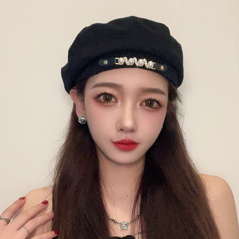 帽子女款冬季时尚新款时尚珍珠贝雷帽女秋冬款蓓蕾帽春秋英伦复古
