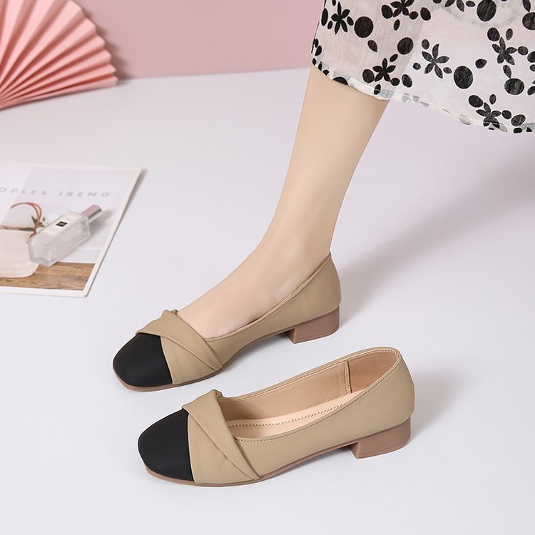 Women's Shoes 2023 Spring and Autumn New Korean Style Color Matching Square Toe Chunky Heel Pumps Shallow Mouth Soft Bottom Granny Shoes Wholesale
