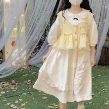 【两件套】日系甜美娃娃领五分袖连衣裙+背带背心马甲夏季套装女