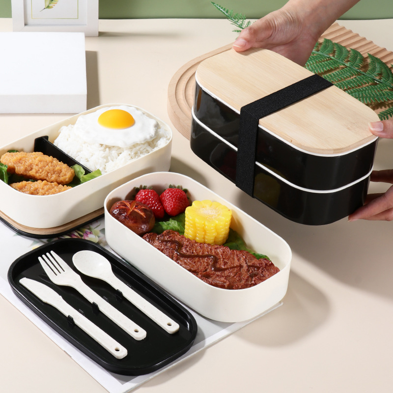 双层可微波保温木盖饭盒日式分格密封防漏大容量带盖便当餐盒套装