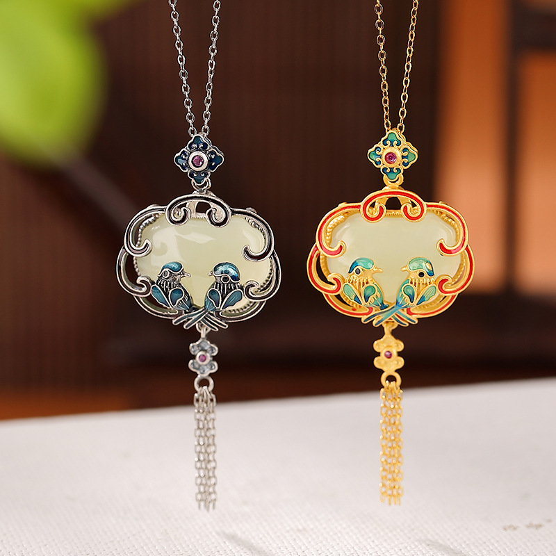 壹鹿银s925纯银镀金和田玉国潮景泰蓝喜上眉梢喜鹊如意流苏银吊坠