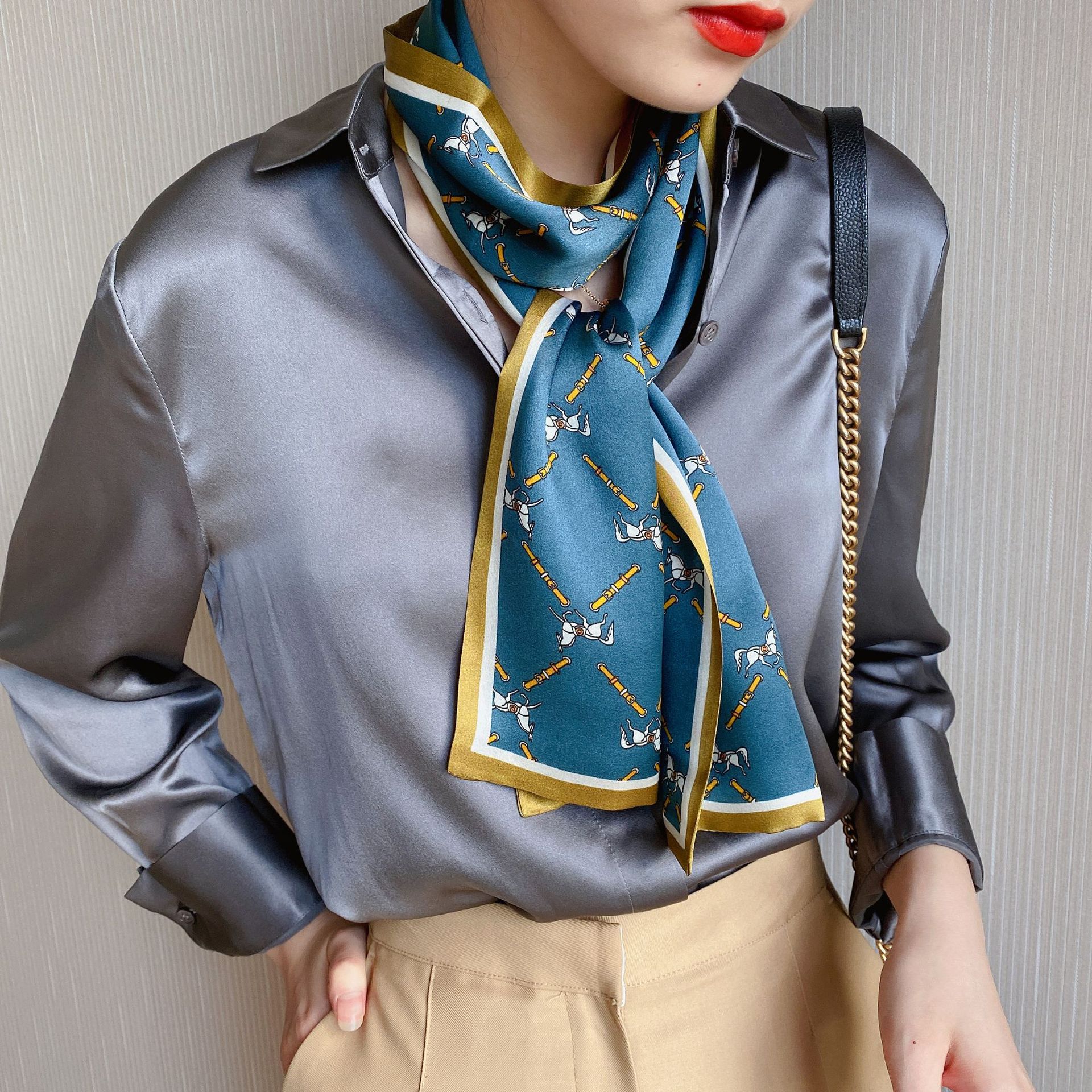 2022 New Korean Style Horse Silk Scarf Women's Double-Layer Wide Long Mulberry Silk Crepe Satin Scarf Ribbon