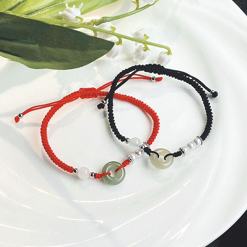 乾佳s925纯银和田玉平安扣手链女款情侣红绳手绳男款情人节礼物