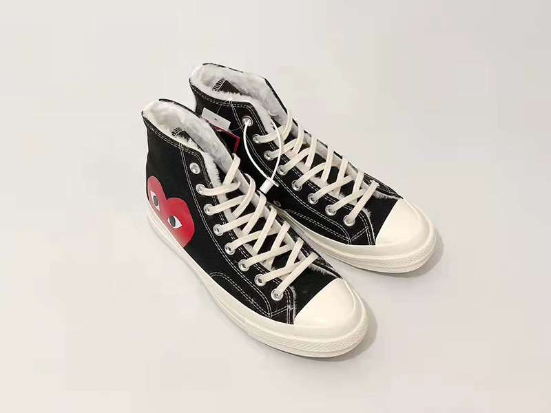 秋冬保暖川久保玲cdg play联名大眼睛加绒黑色高帮帆布情侣鞋棉鞋