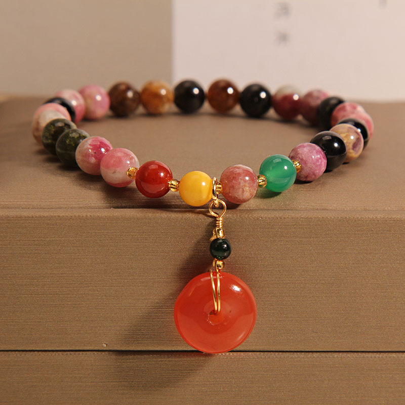 彩色碧玺玉石手链女夏轻奢小众盐源玛瑙平安扣手串送女友闺蜜礼物