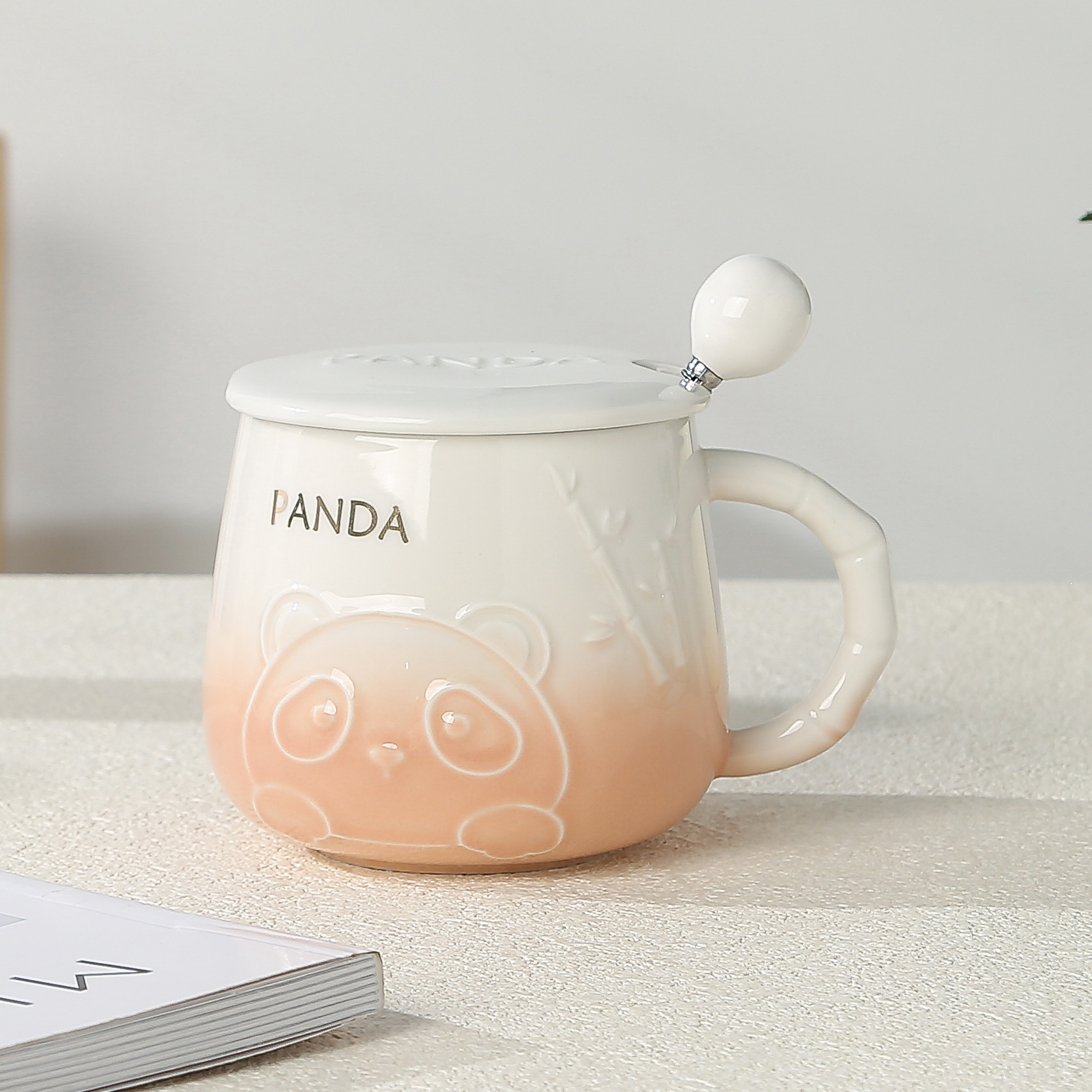 Water Cup Cartoon Embossed Panda Ceramic Mug Ins with Cover Spoon Household Men and Women Good-looking Milk Coffee Cup