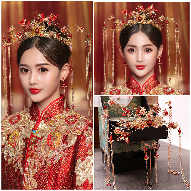 念灿中式新娘发饰套装红色蝴蝶秀禾服头饰婚礼凤冠敬酒服配饰发冠