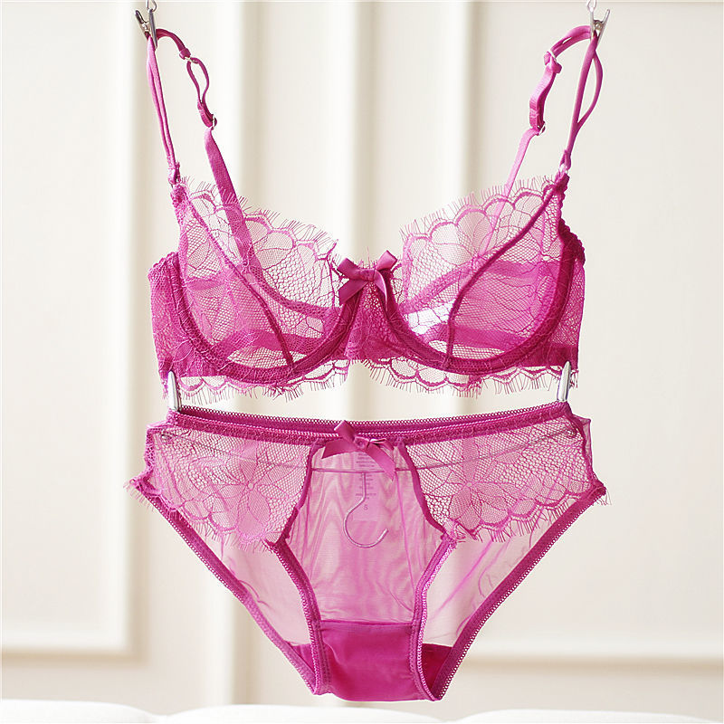 欧美性感超薄睫毛蕾丝透肤网纱钢圈内衣套装少女透明胸罩春夏礼物