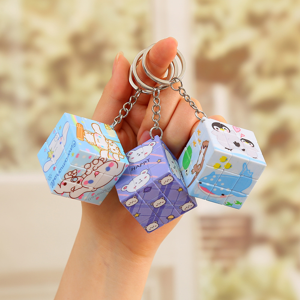 Third-Order Rubik's Cube Keychain Cartoon Small Rubik's Cube Puzzle Pressure Relief Toy Bags Car Key Ring Pendant Wholesale