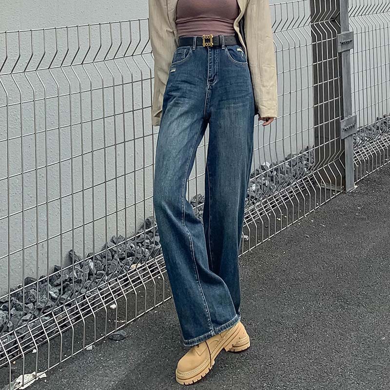 Narrow Straight Jeans Women's Autumn and Winter 2023 Hong Kong Style Retro Blue High Waist Slimming and Wide Leg Mop Pants