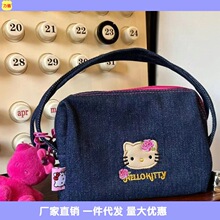 kitty刺绣复古蓝色牛仔手提斜挎包两用包大容量 kitty复古包代发