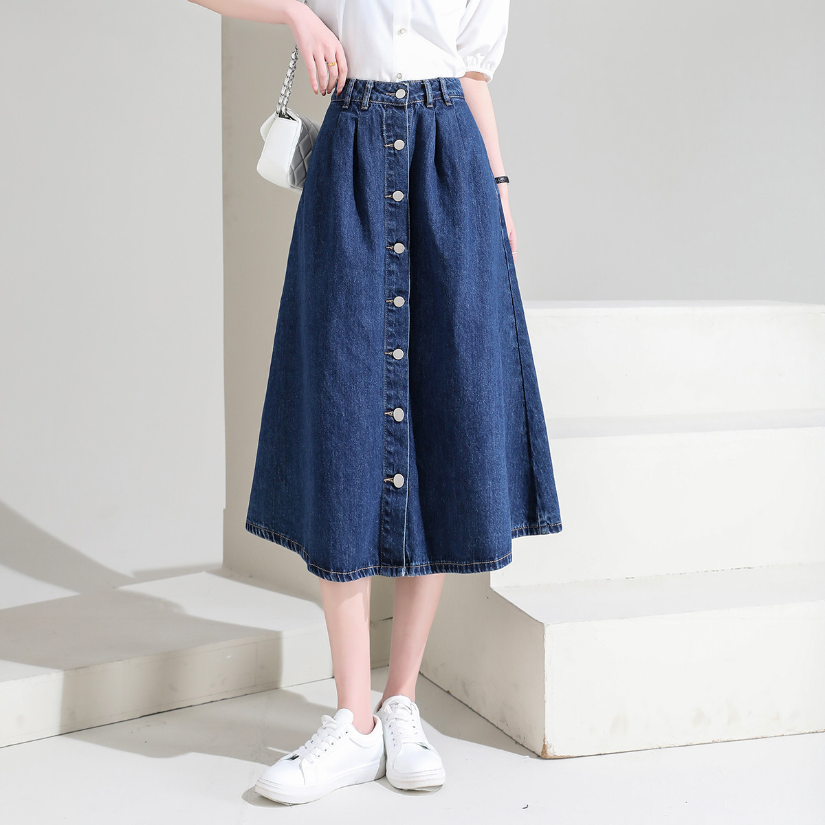 蓝色牛仔裙半身裙女夏季新款复古包臀显瘦设计感a字百褶裙子伞裙