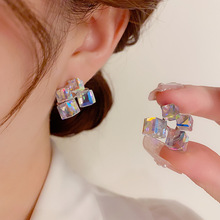 s925银针欧美独特高级感轻奢方块立体水晶耳钉女个性气质时尚耳环
