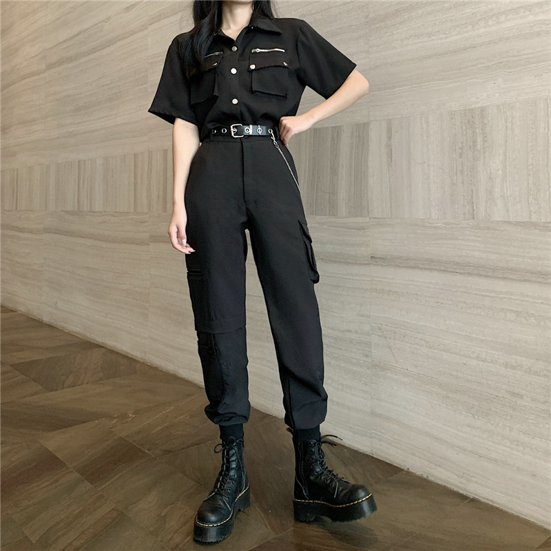 酷女孩穿搭女装短袖帅气套装工装裤搭配中性暗黑上衣服痞帅霸气夏