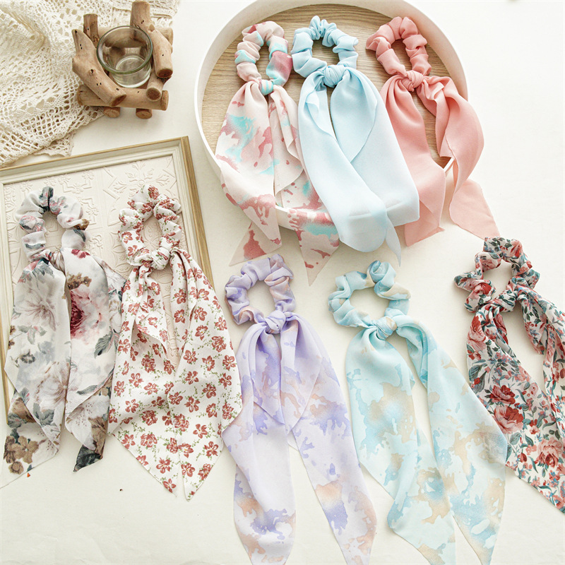 Three-State Summer Silk Scarf Floral Fresh Hair Band Ins Style Large Intestine Hair Band Wholesale Female Headband Bow Ribbon